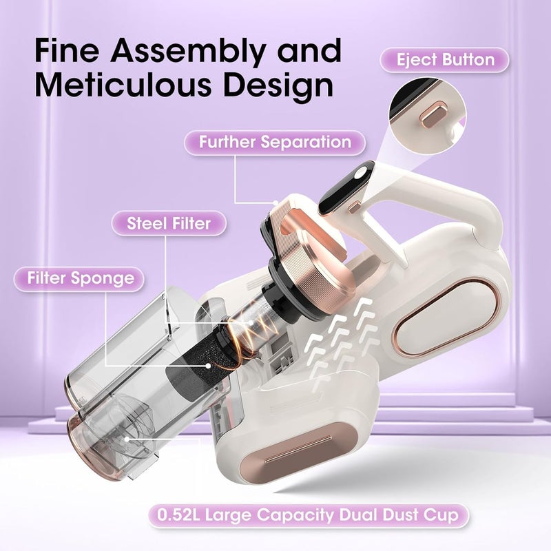 XIAOLANG Mattress Vacuum Cleaner Cordless 16Kpa Bed Handheld Vacuum, Vacuum Cleaner with 253.7nm UV-C Light,HEPA Filter & Ultrasonic, Portable Vacuums for Bed Sofa Couch Crib Gifts for women men her white - Image 4